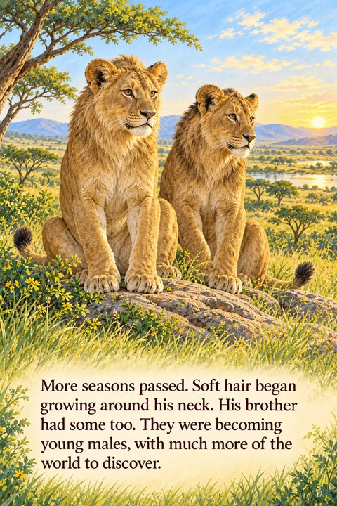 A painted scene from the little lion's journey as he grows up