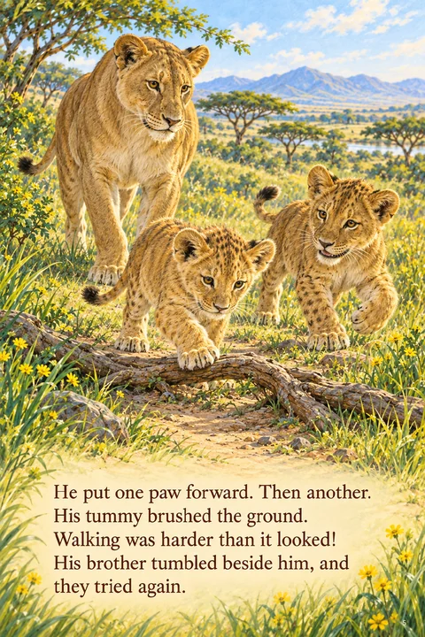 The little lion discovering the world in a colorful illustrated scene