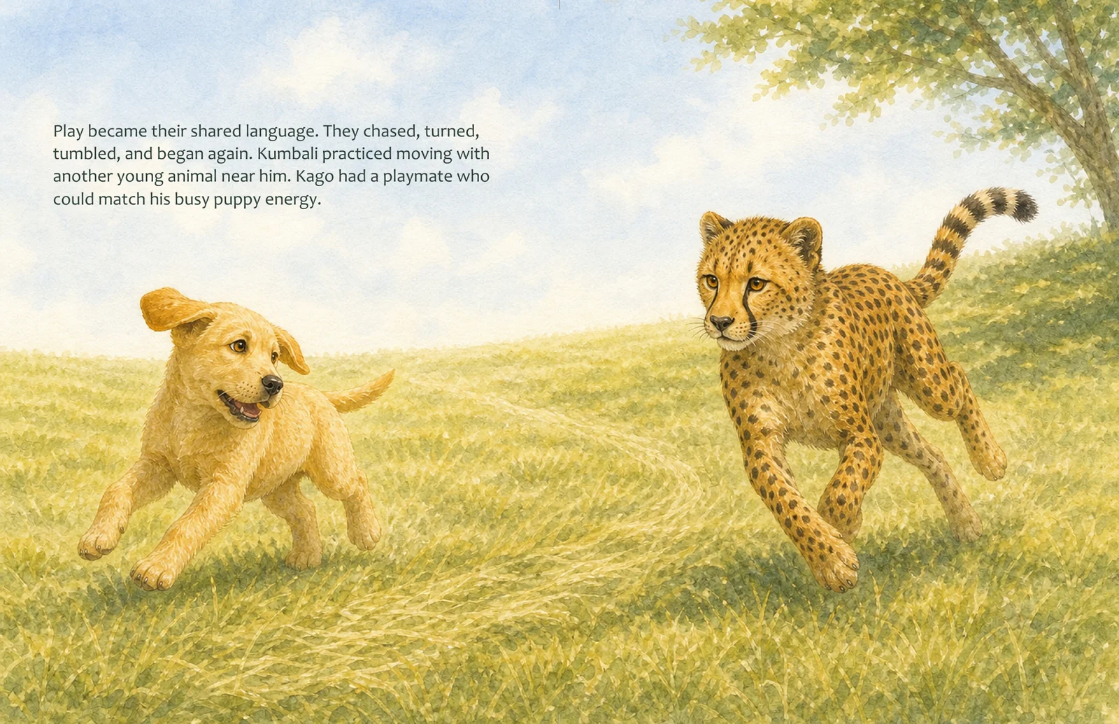 An illustrated spread showing Kumbali and Kago running and playing together