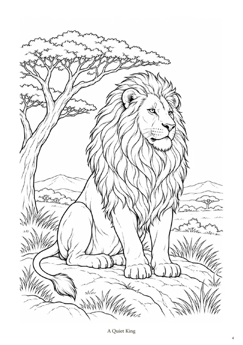 A Quiet King, a detailed lion drawing ready to color