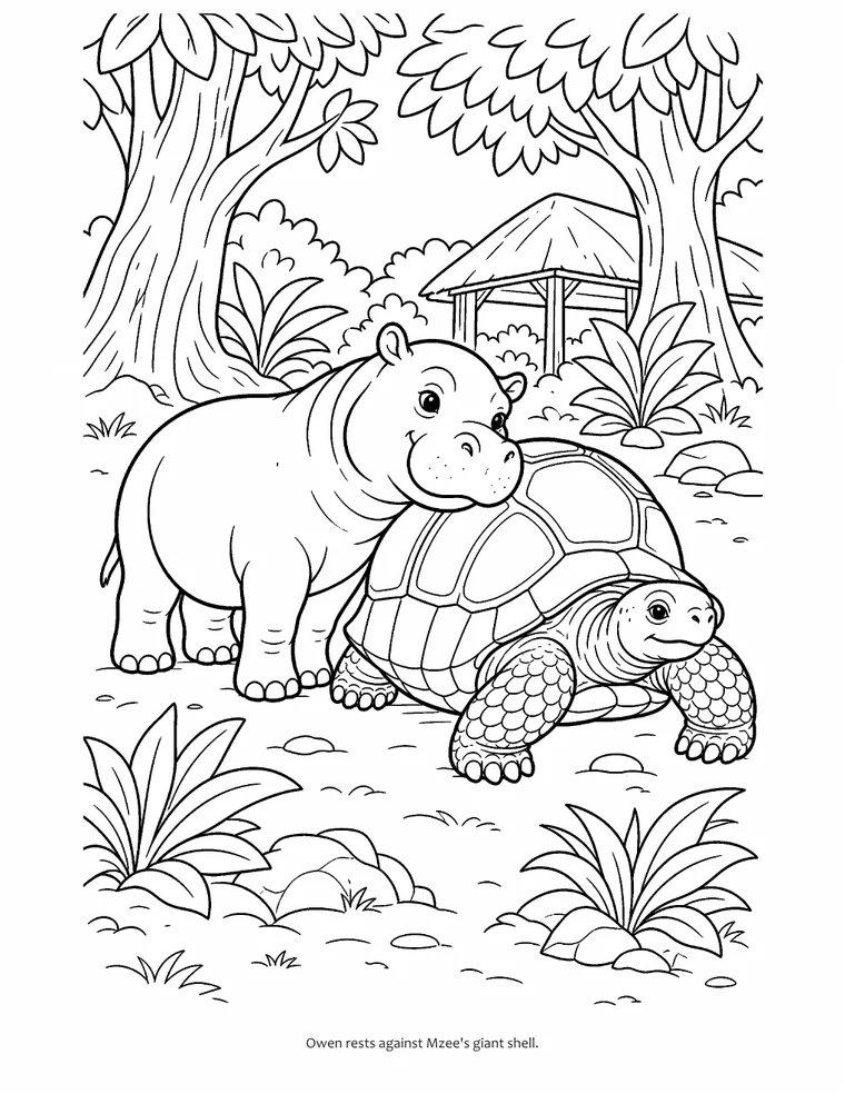 Full-page coloring scene of Owen the hippo and Mzee the tortoise