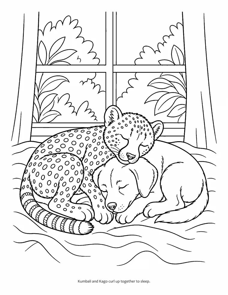Full-page coloring scene of Kumbali and Kago sleeping together