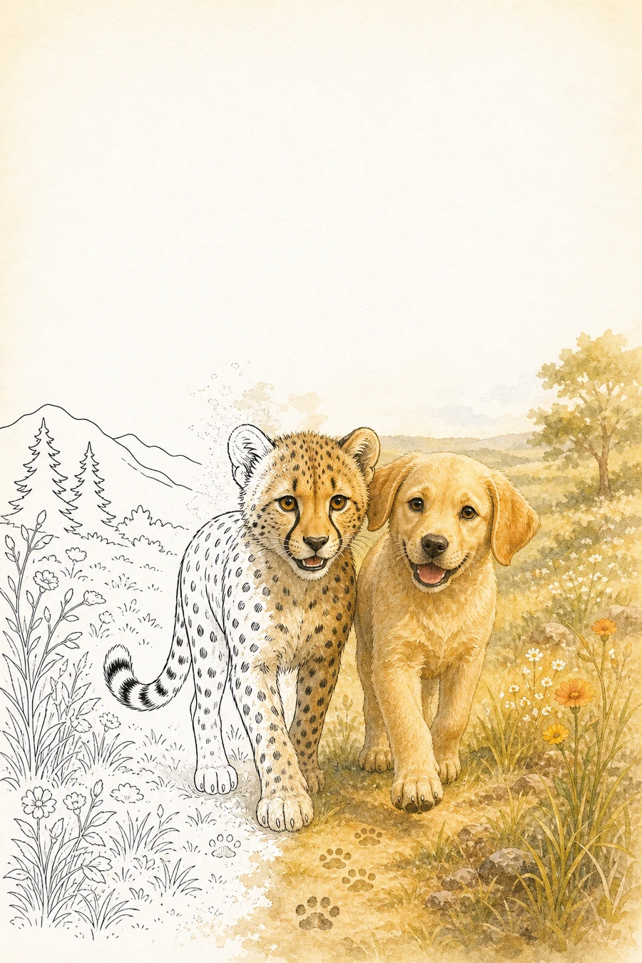Kumbali and Kago artwork transitioning from line drawing into watercolor