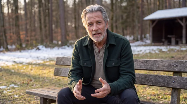 David Harlan, the Wild Hearts Stories narrator, seated on a bench in a woodland setting