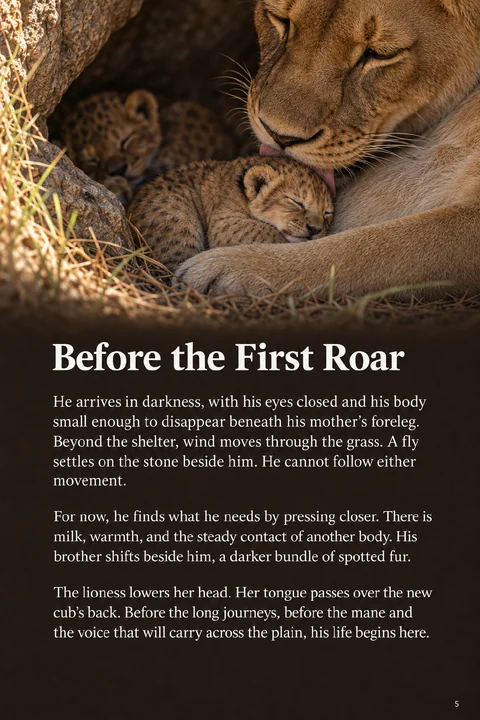 Opening page with a newborn cub beside his mother
