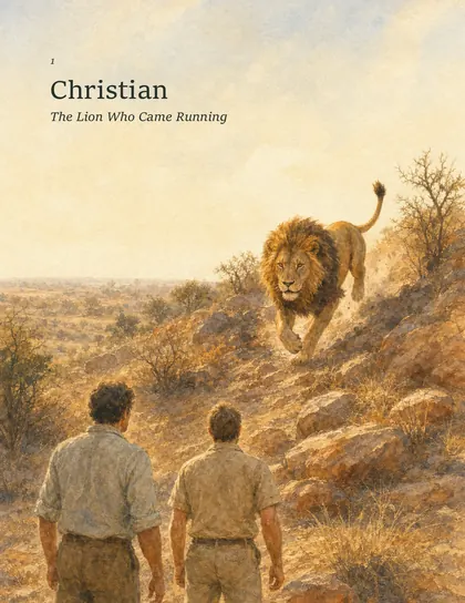 Christian the lion running down a Kenyan hill toward two men