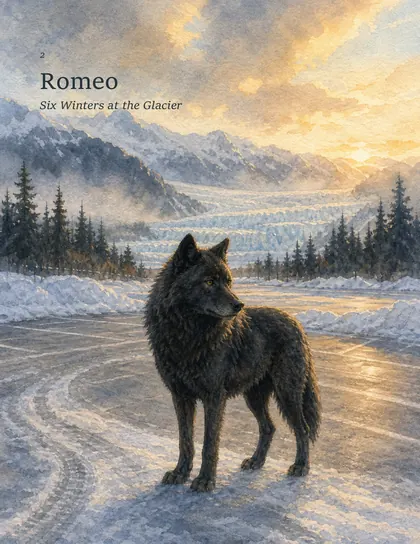 Romeo the black wolf standing in an Alaskan winter landscape