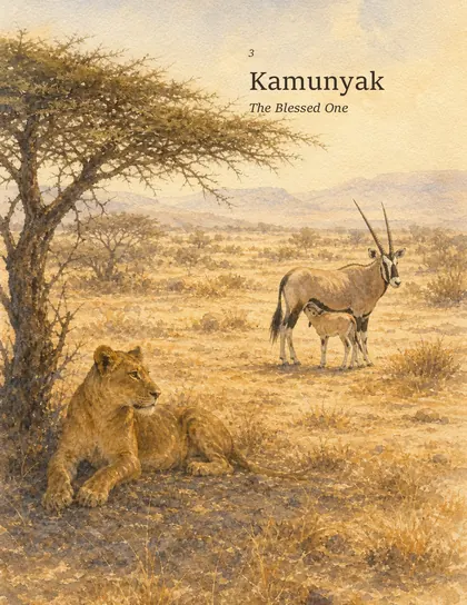 Kamunyak the lioness with a young oryx beneath an acacia