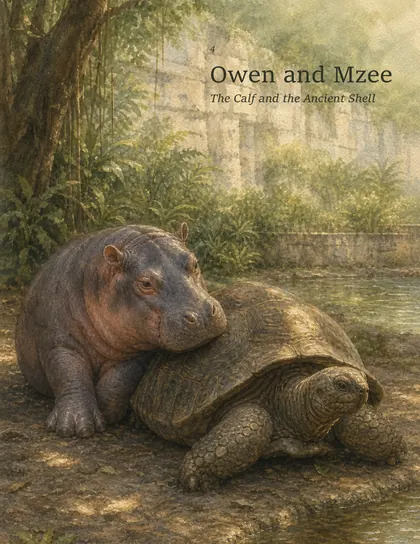 Owen the young hippo beside Mzee the giant tortoise