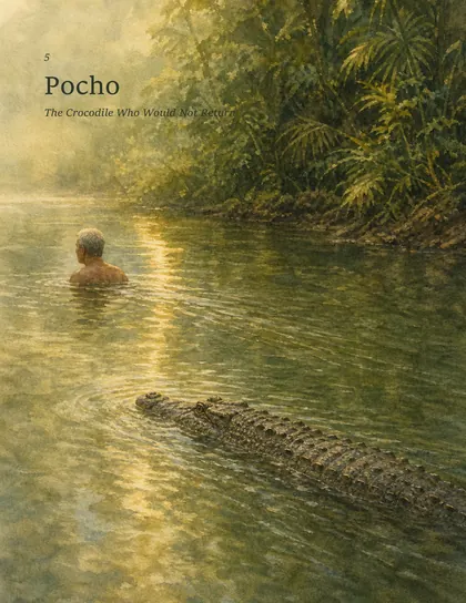 Pocho the crocodile swimming near Chito’s canoe