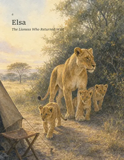 Elsa the lioness resting beside her three cubs