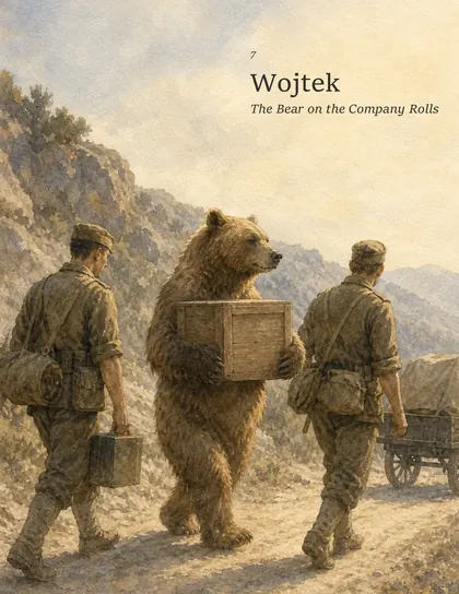 Wojtek the bear carrying a wooden crate beside Polish soldiers