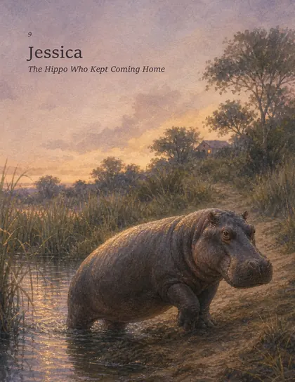 Jessica the hippo walking near the South African riverbank