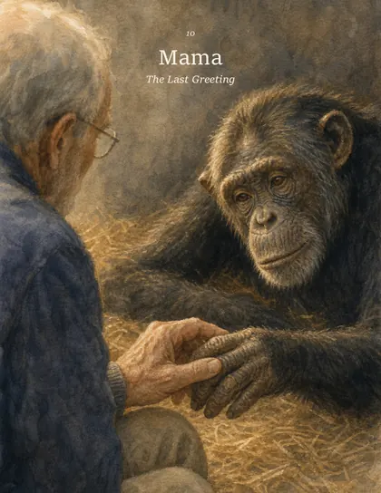 Mama the chimpanzee reaching toward her longtime friend Jan